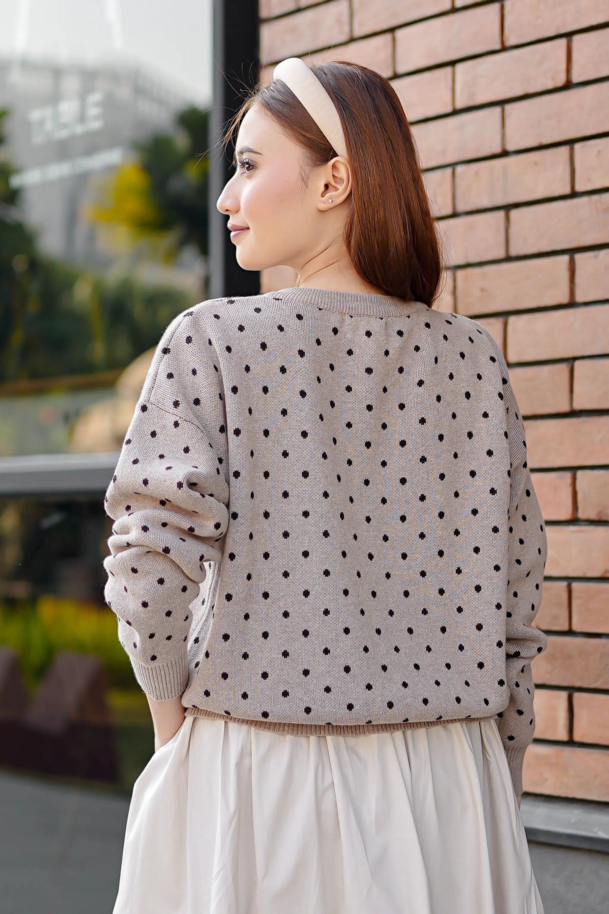 Cassie Polka Cardigan in Taupe