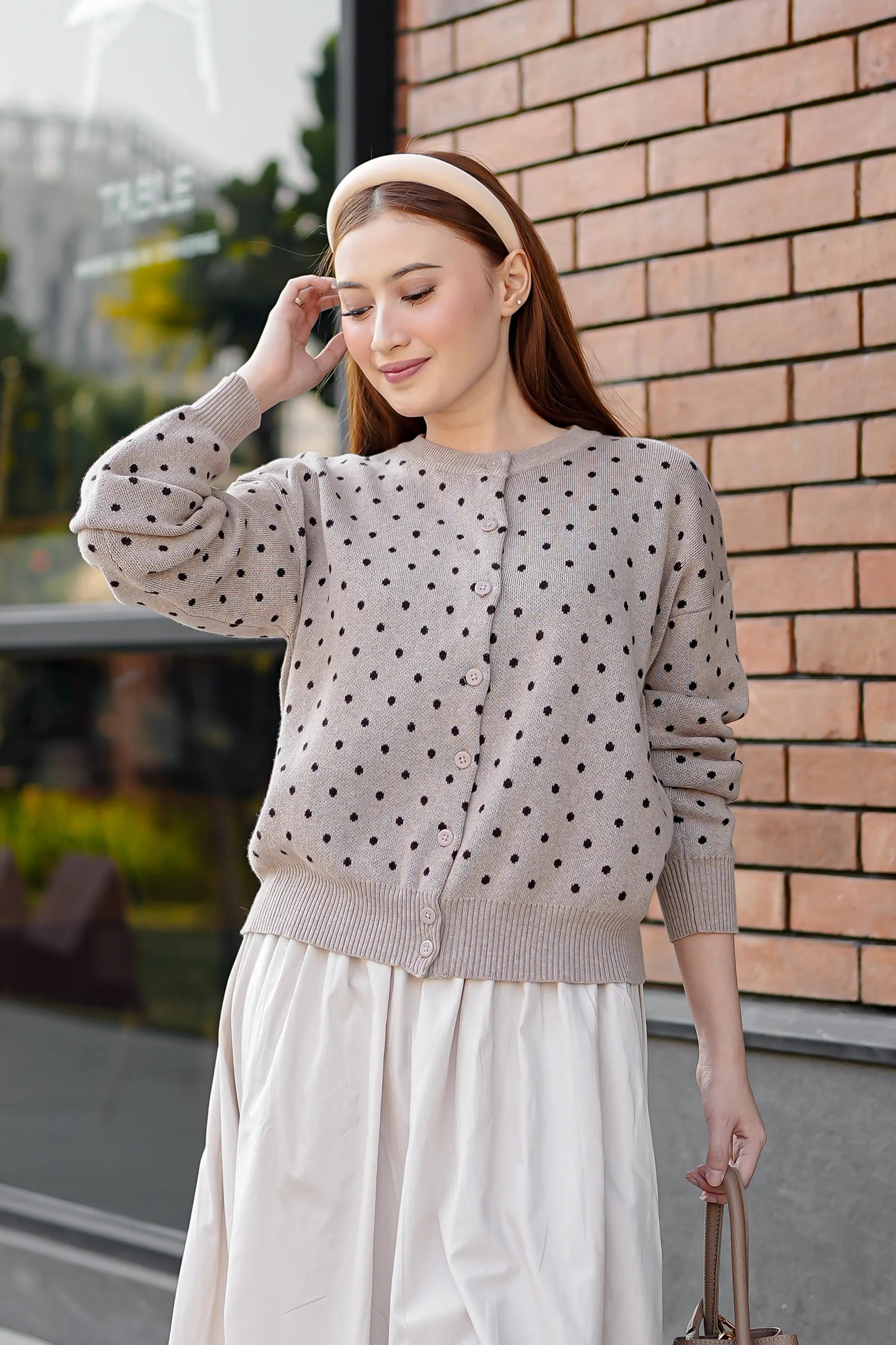 Cassie Polka Cardigan in Taupe