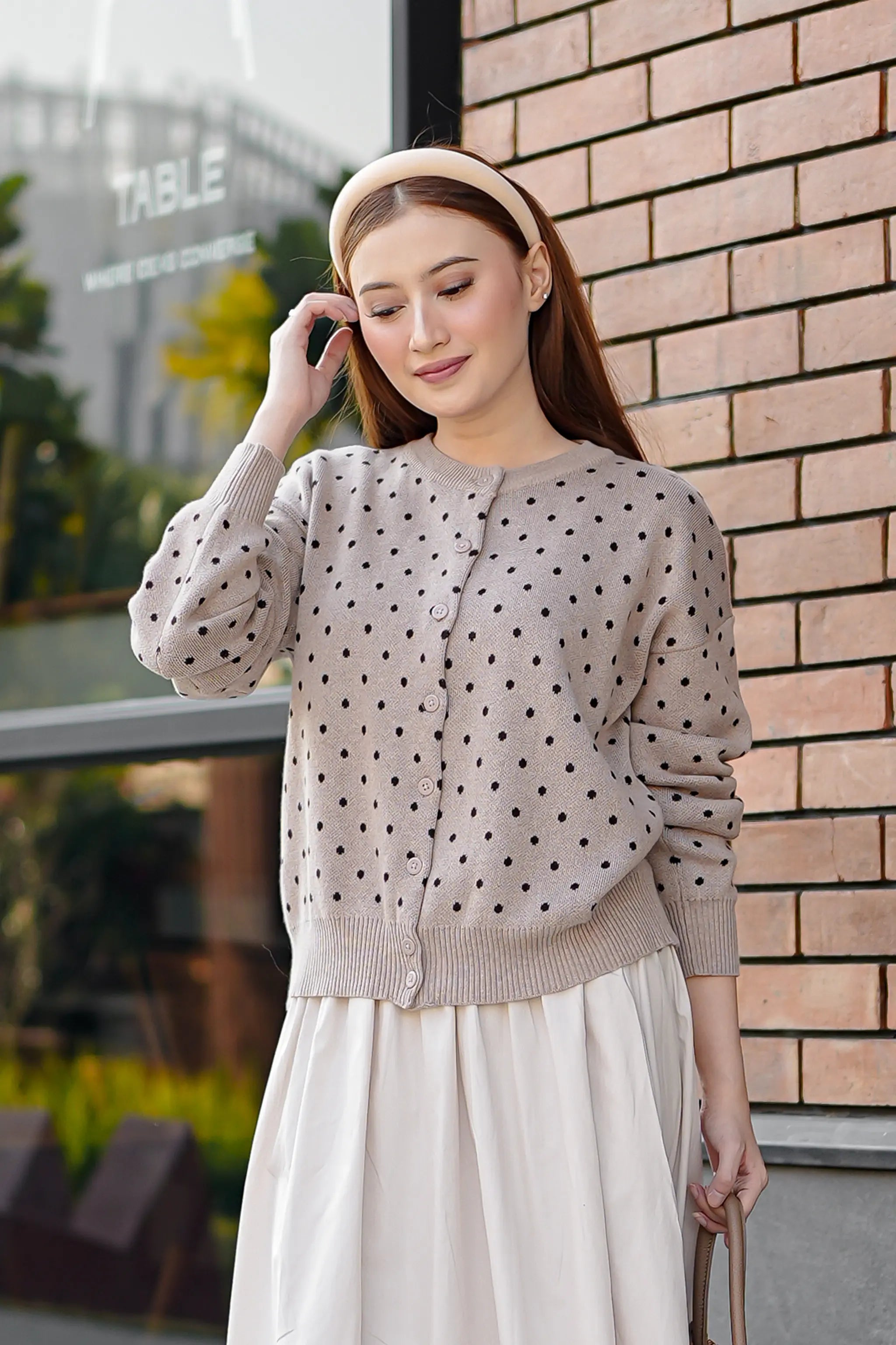 Cassie Polka Cardigan in Taupe