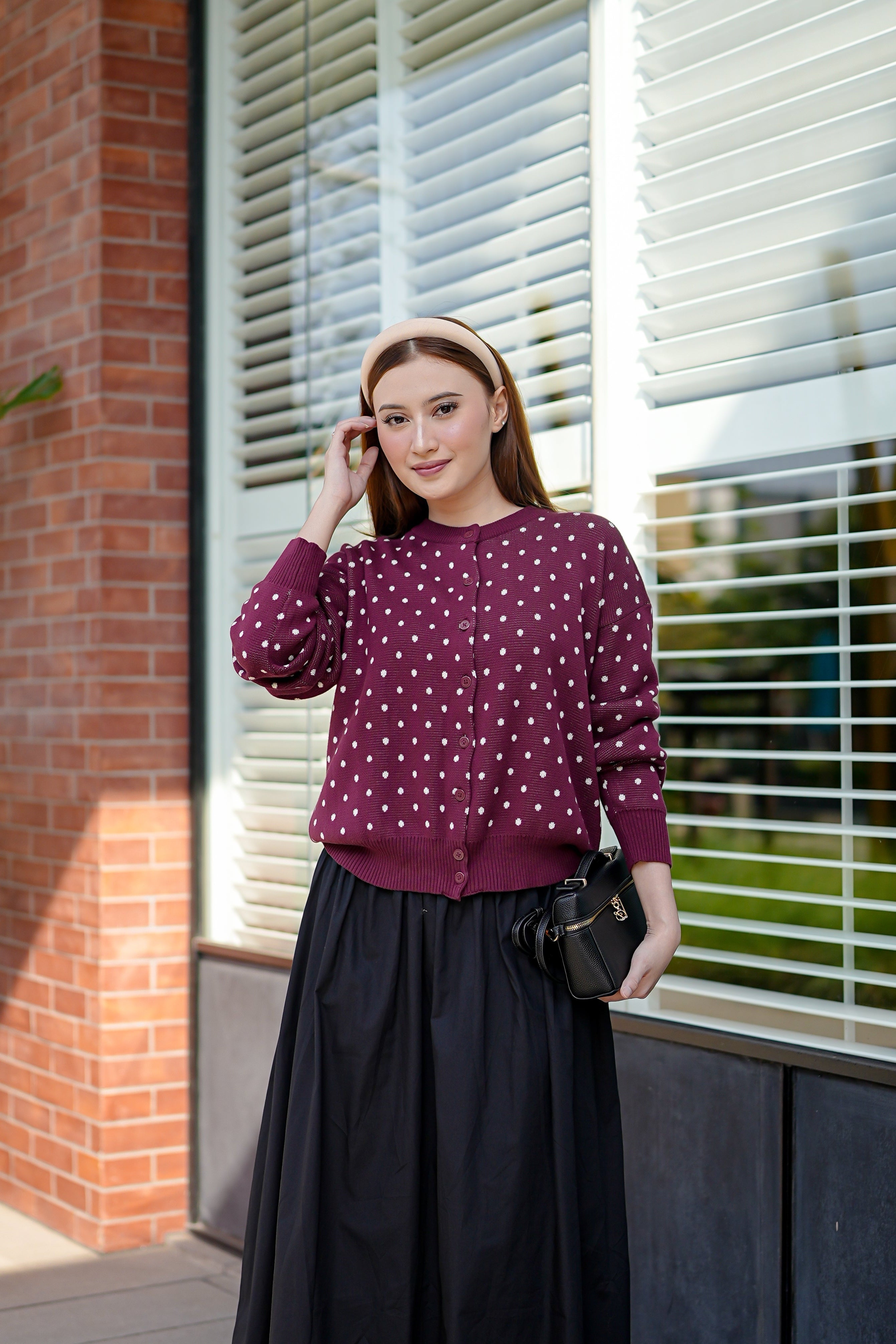 Cassie Polka Cardigan in Maroon