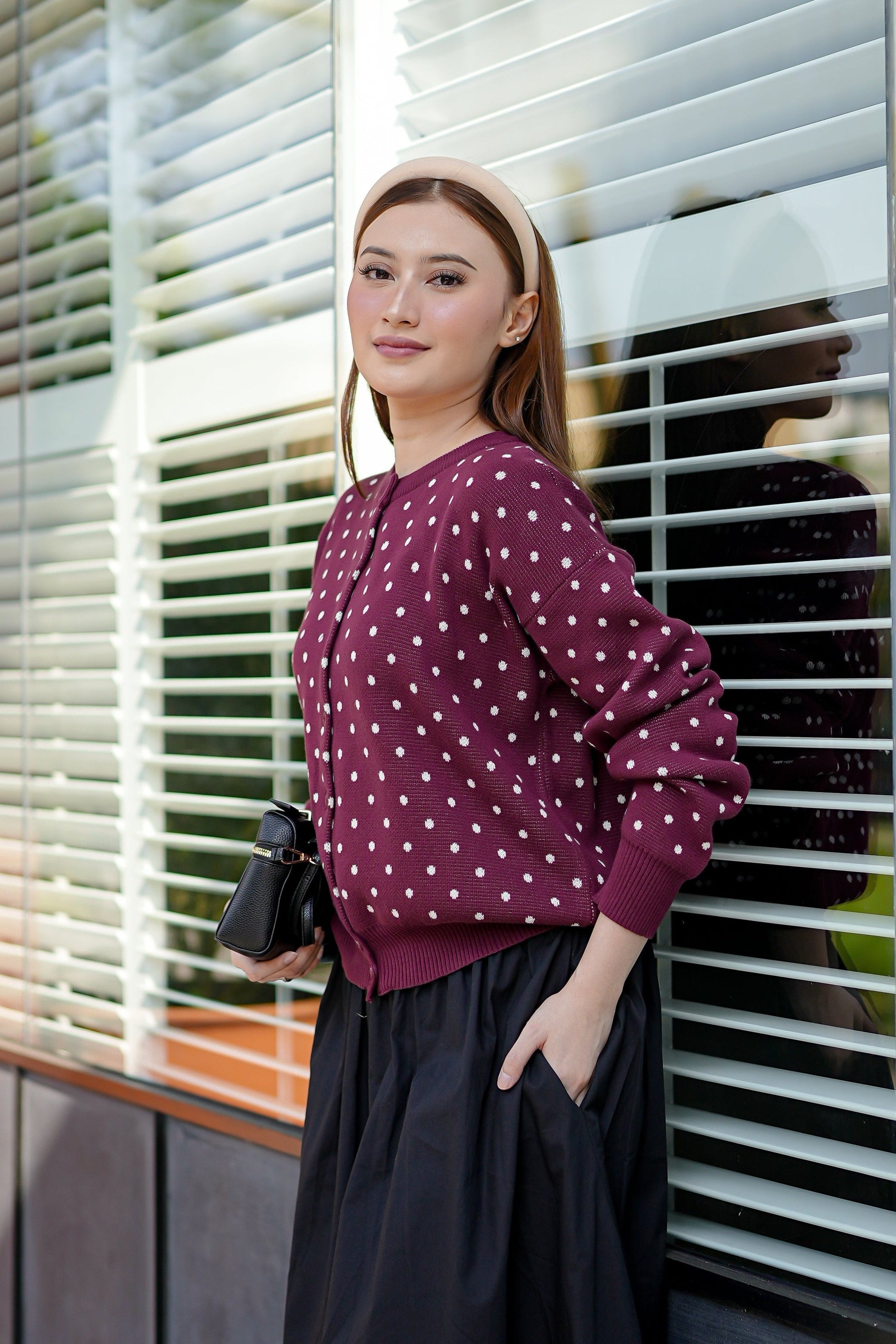 Cassie Polka Cardigan in Maroon