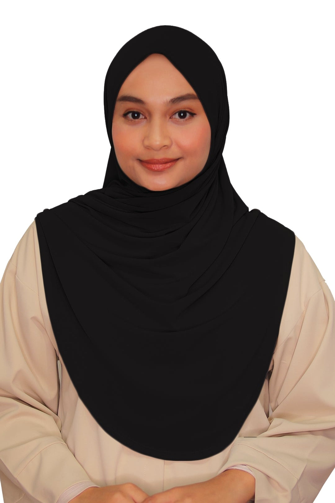 Woman wearing a black hijab and beige outfit on a white background