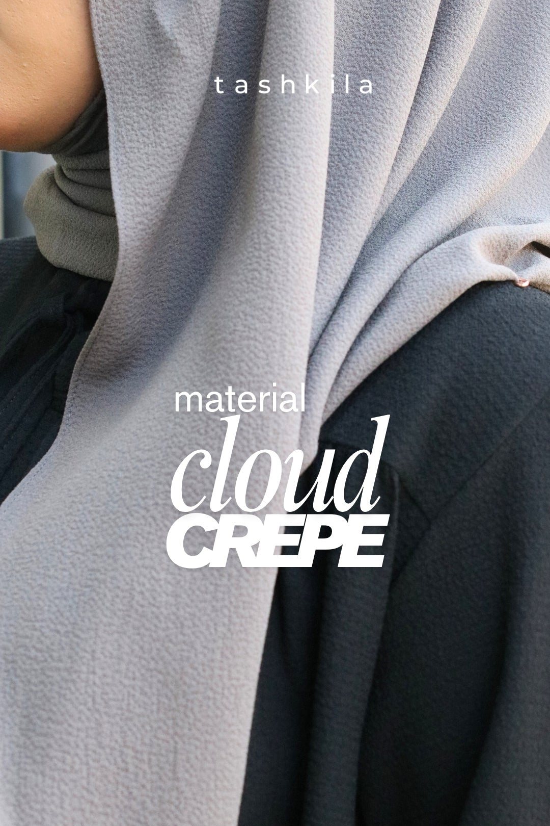 Close-up of a fabric with 'material cloud crepe' text overlay
