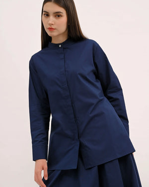 Signature Cotton Poplin Shirt with Mandarin Collar in Navy